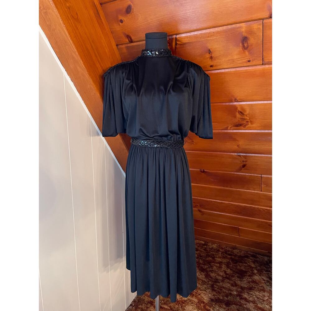 Vintage 80s Black Sequin Spandex Cocktail Mock Neck Dress